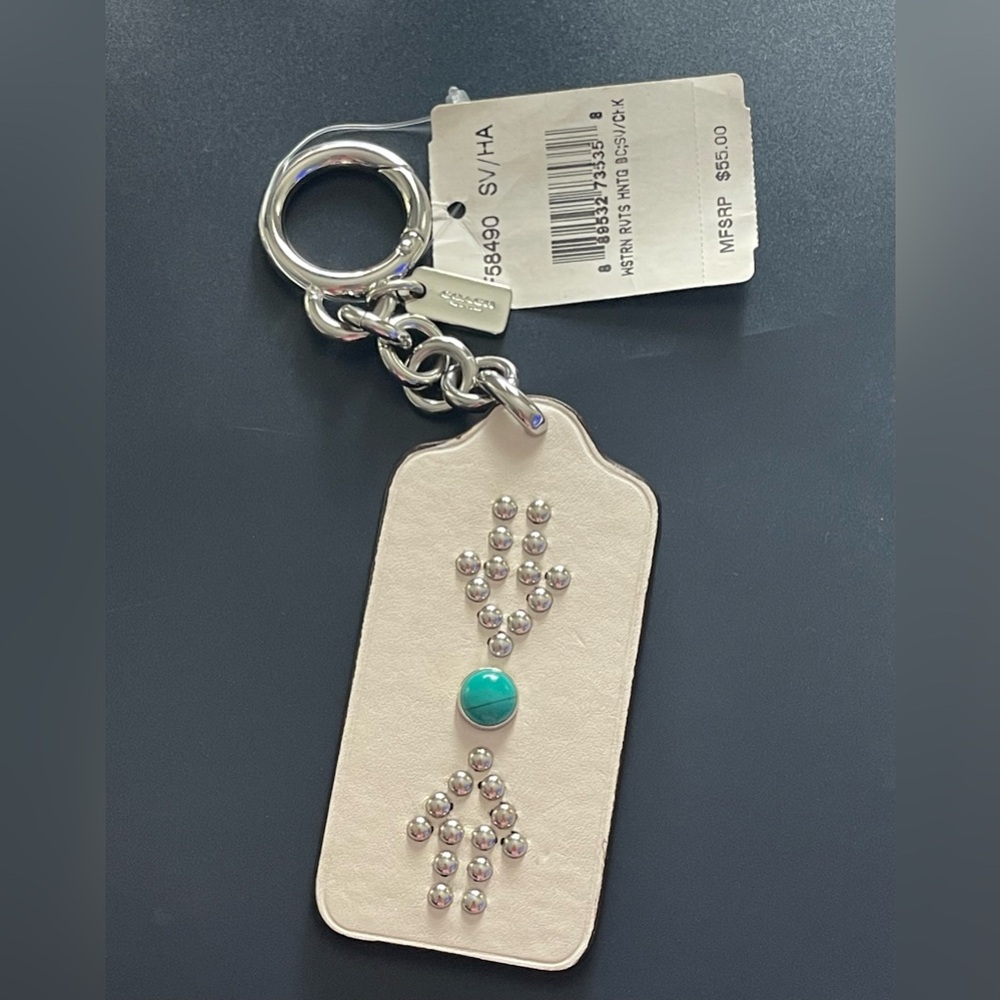 Coach Silver and White Keychain with Turquoise Accent hangtag bagcharm